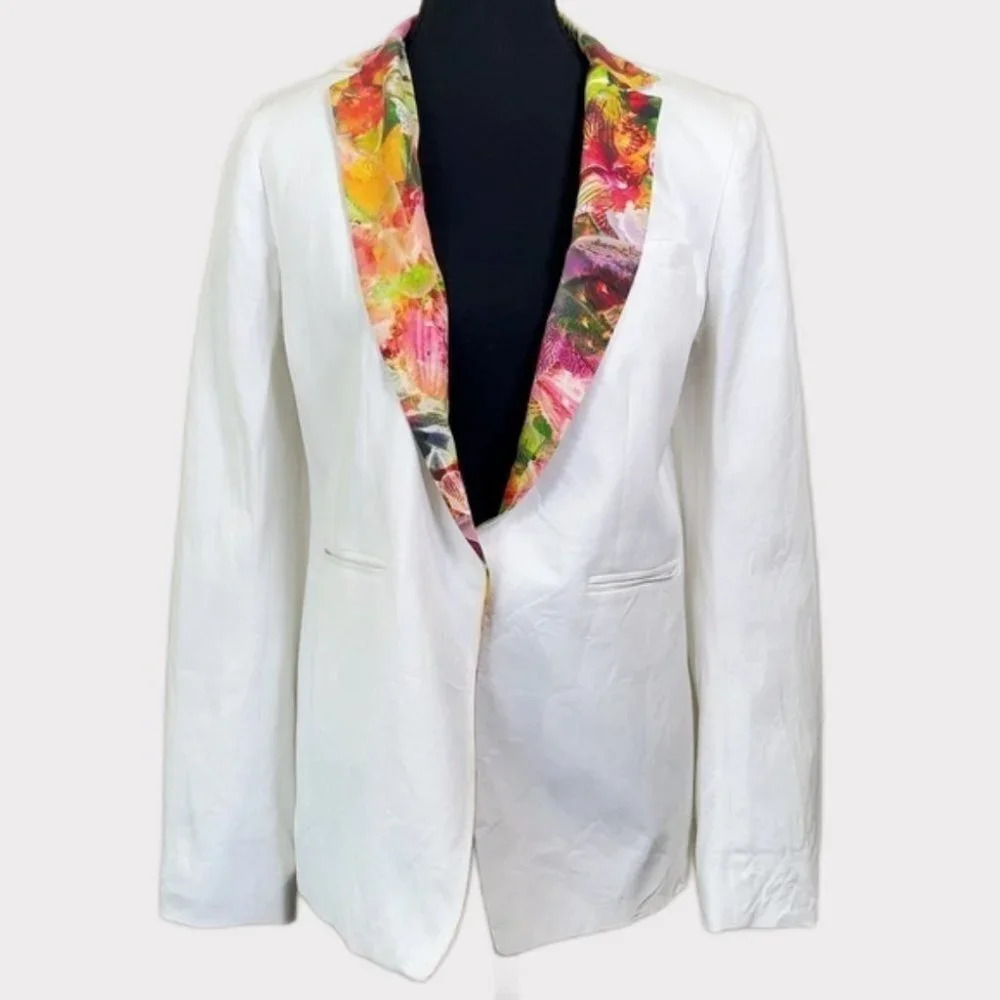 Club Monaco Casual Floral Printed Hook And Eye Closure White Blazer
